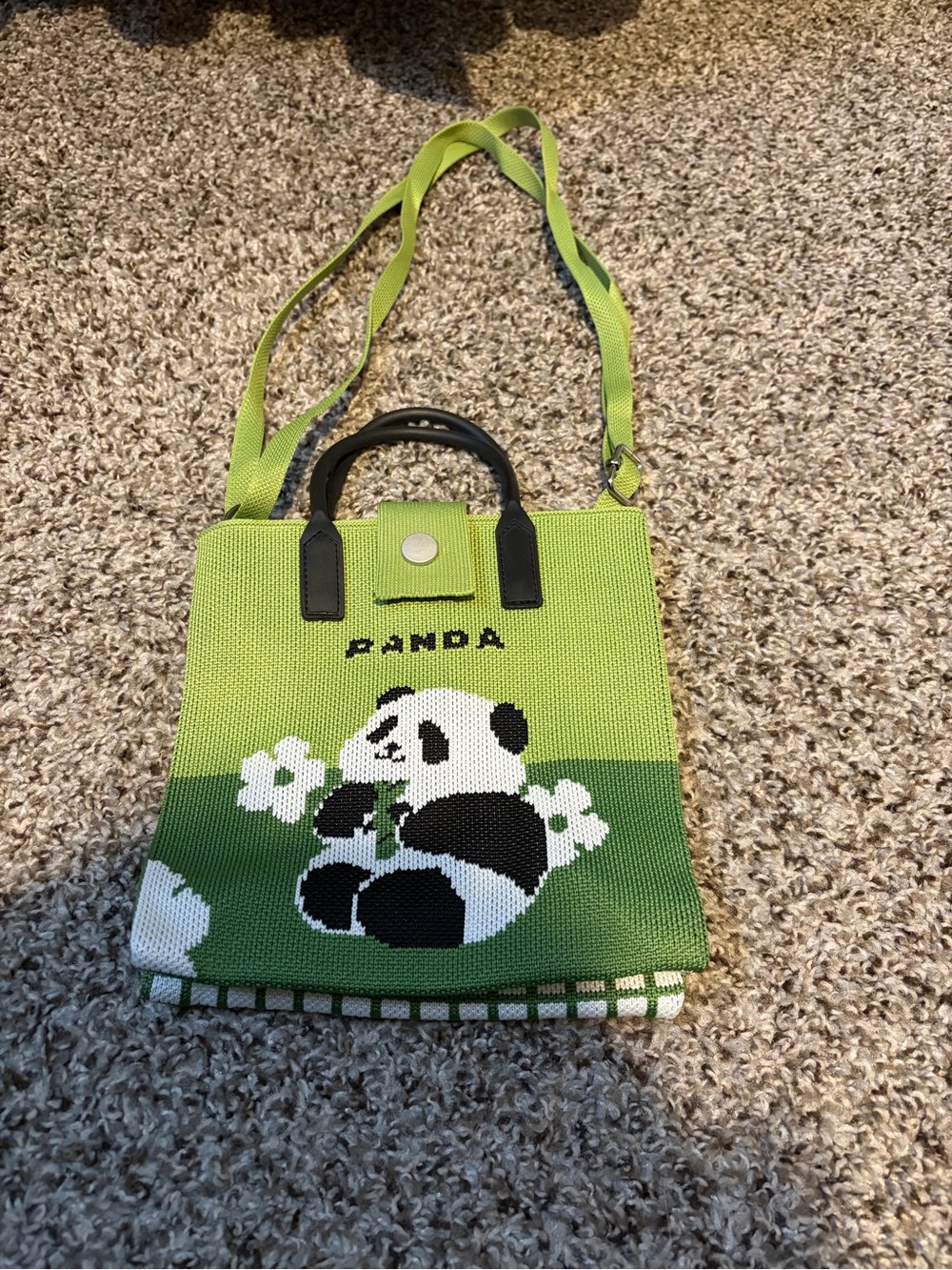 Green Panda Knit Purse with Adjustable Strap